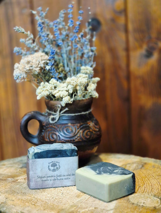 Săpun Natural pentru Față cu Ulei de Neem, Cărbune Activ si Tea Tree - 👣 Desculți în Natură